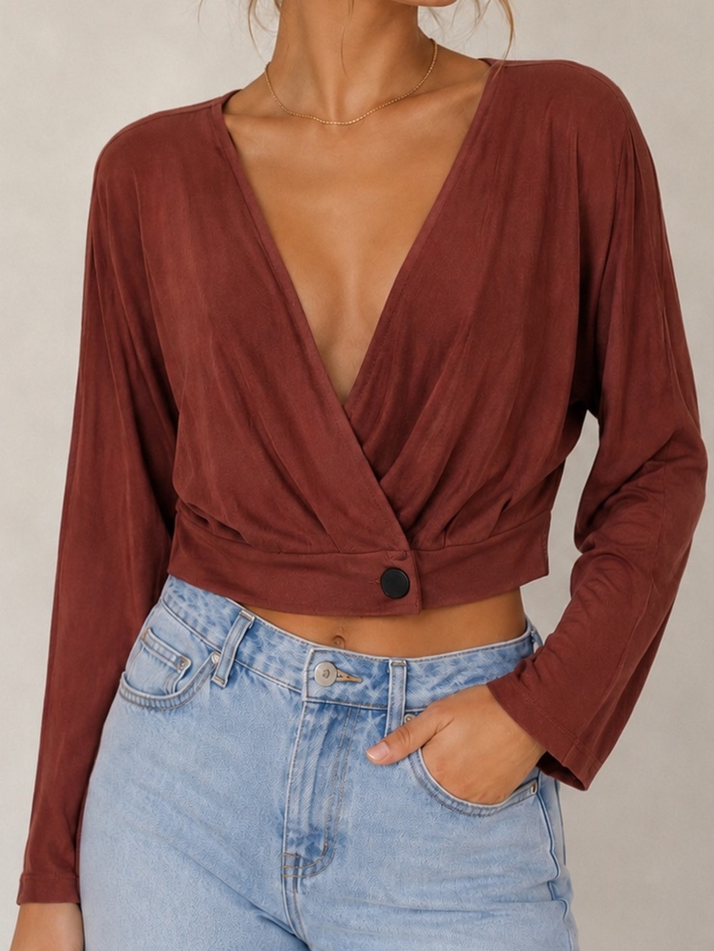 Zara Rust Colored Wrap-Front Long Sleeve Crop Blouse